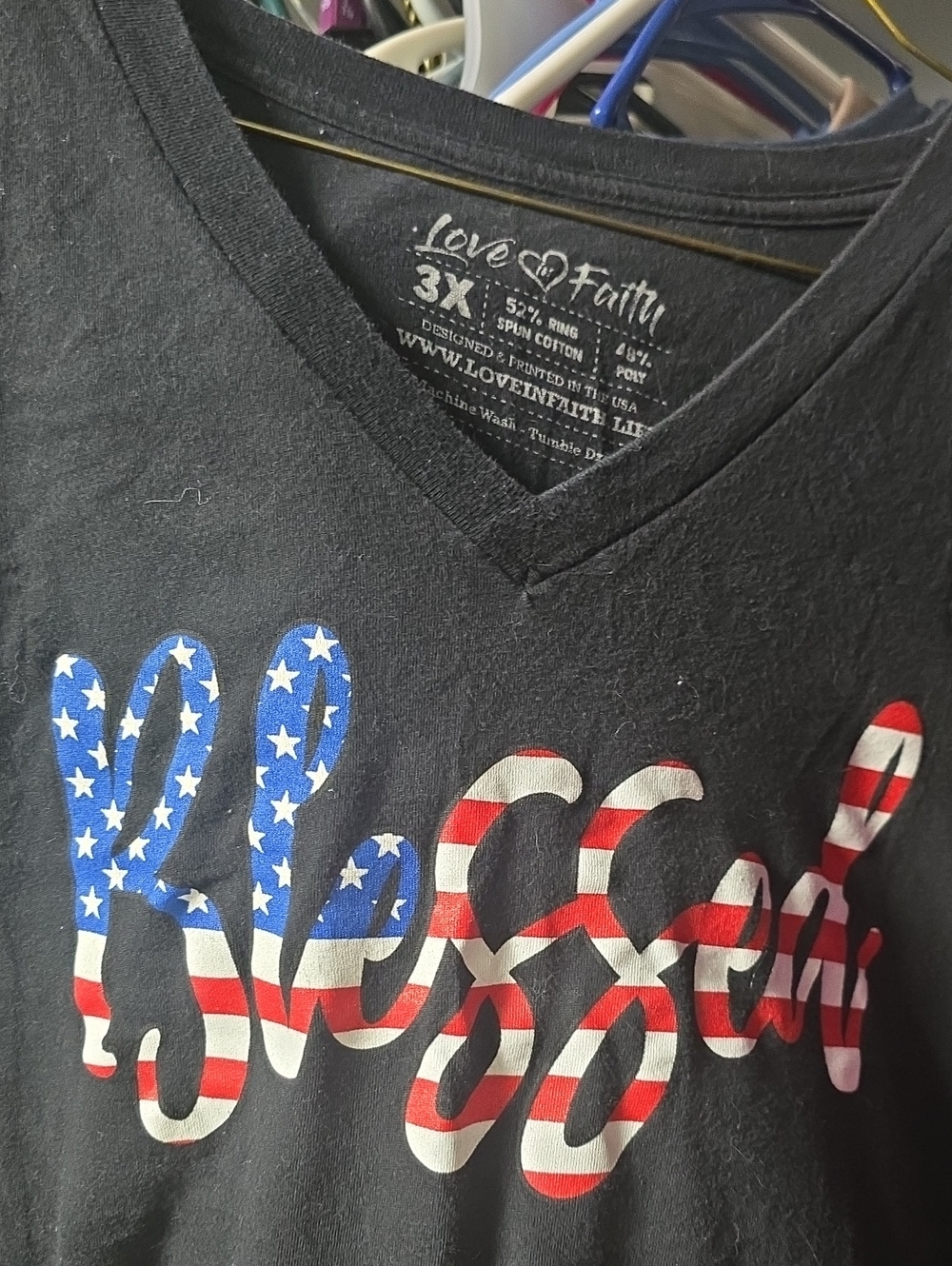 Love in Faith Black V-Neck Tee with Patriotic 'Blessed' Script